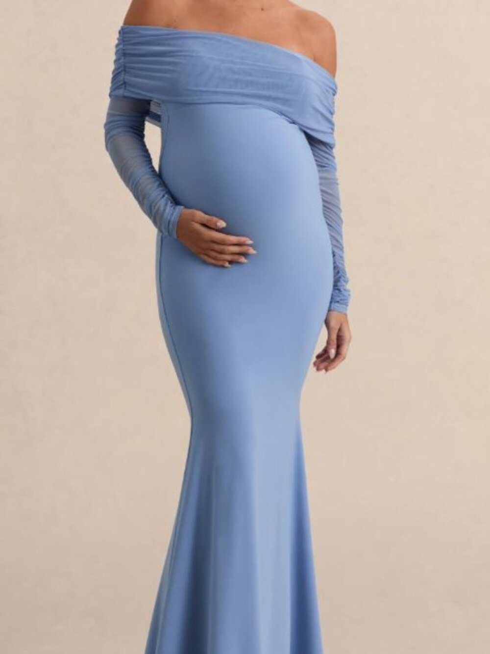 Powder Blue Maternity Ruched Mesh Bardot Maxi Dress